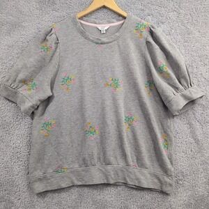 Crown & Ivy Women's Size XXL Gray Floral Embroidered Short Puff Sleeve Knit Top